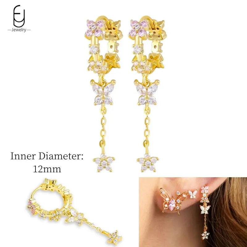 925 Sterling Silver Ear Needle White Crystal Gold Earrings for Women Luxury Water Drop/Heart/Flower Pendant Earring Fine Jewelry
