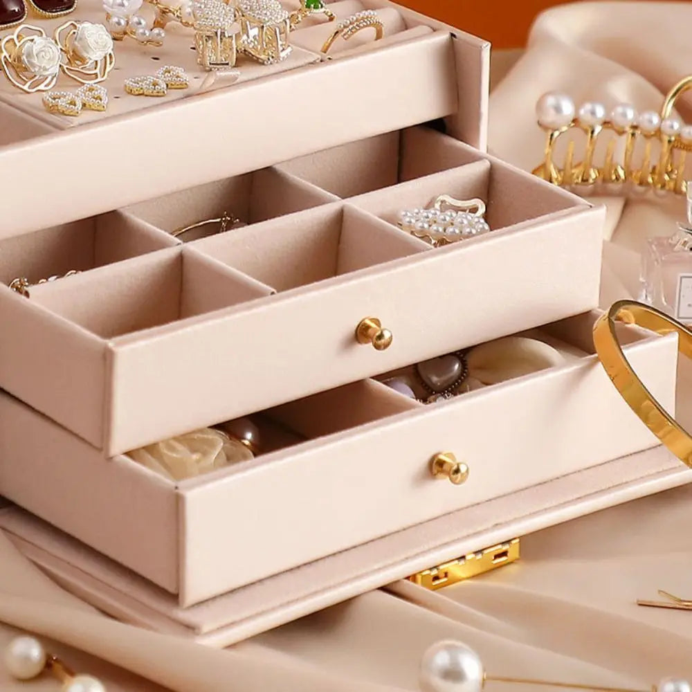 Three layer Woman Jewelry Box Large Capacity Drawer style Jewelry Organizer with Lock Leather Earrings Bracelets Display Stand