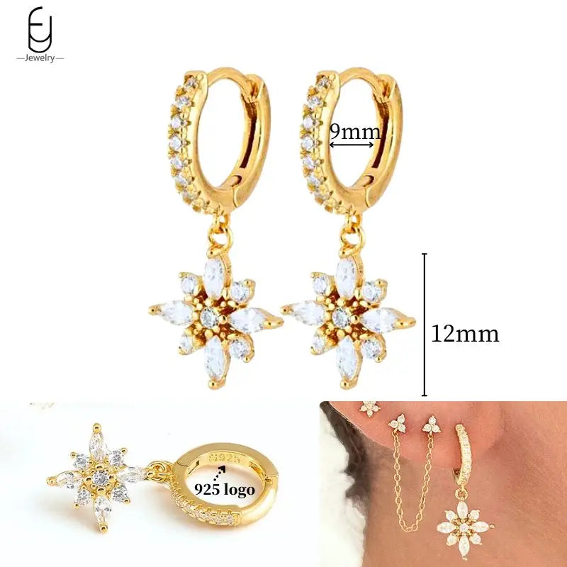 925 Sterling Silver Ear Needle White Crystal Gold Earrings for Women Luxury Water Drop/Heart/Flower Pendant Earring Fine Jewelry