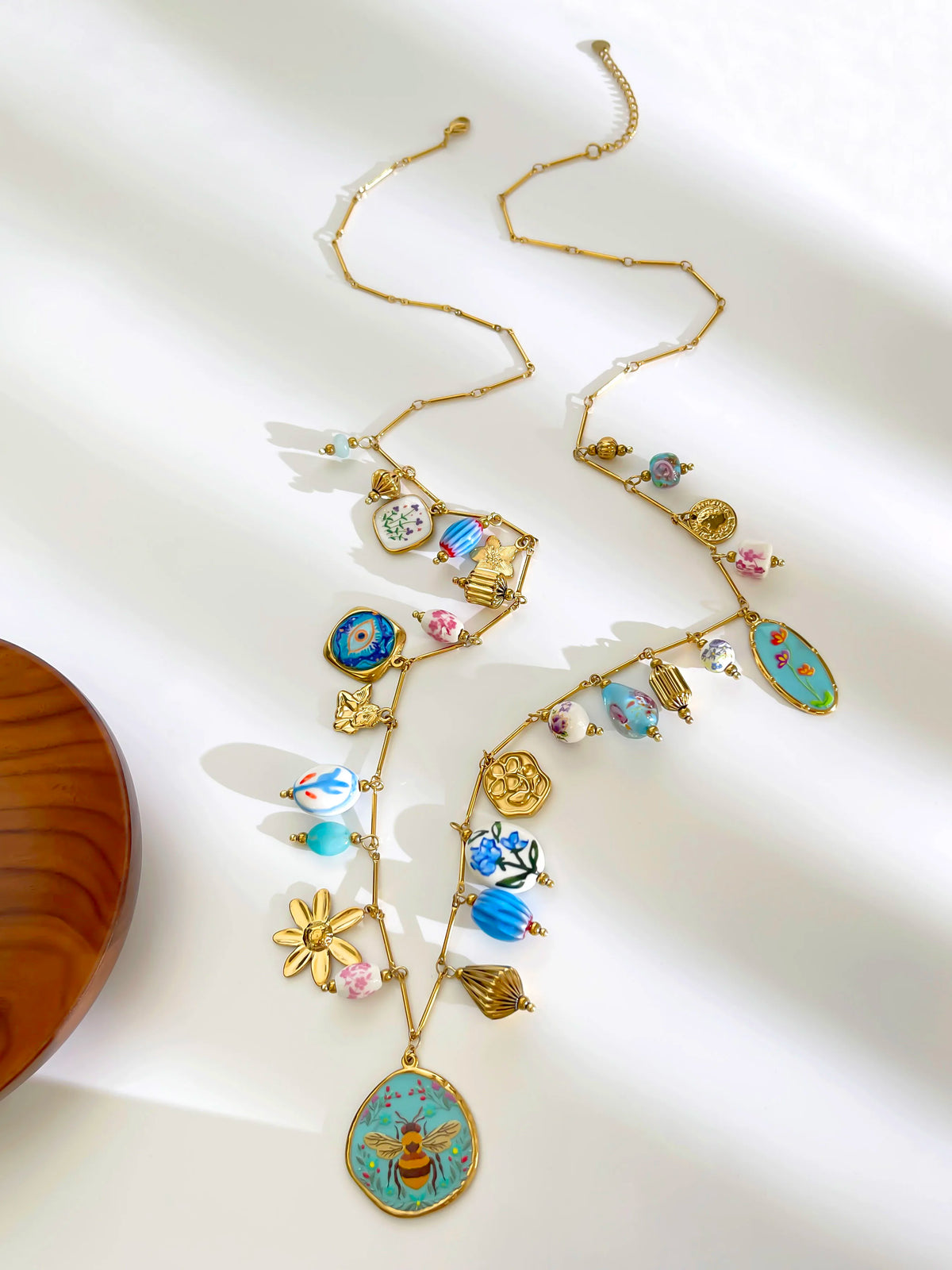Peri'sbox Stainless Steel Ceramic Blue Bee Multiple Pendant Women Necklace Long Style Party Exquisite Luxury Jewelry Accessories