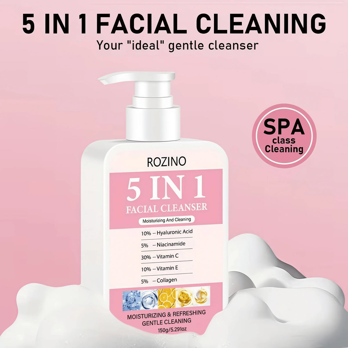 150g Large Capacity 5 in 1 Facial Cleanser, Which Combines Hyaluronic Acid, Niacinamide, Vitamin C, Vitamin E, and Collagen. Its Rich Foam Can Deeply Cleanse Oil and Dirt, Gently Cleanse, Moisturize, Brighten the Skin, Make I
