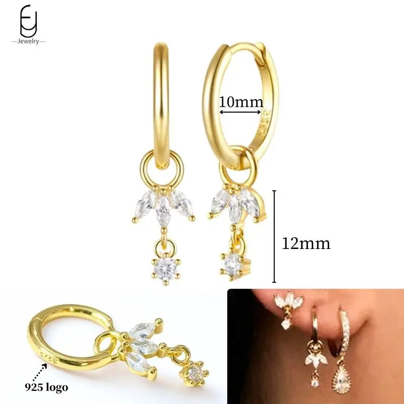 925 Sterling Silver Ear Needle White Crystal Gold Earrings for Women Luxury Water Drop/Heart/Flower Pendant Earring Fine Jewelry