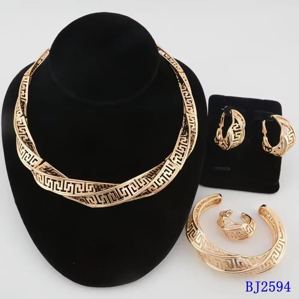 Luxury African Women Gold Plated 4pcs Jewelry Set Bridal Wedding Necklace Earrings Ring Bracelet Party Gifts