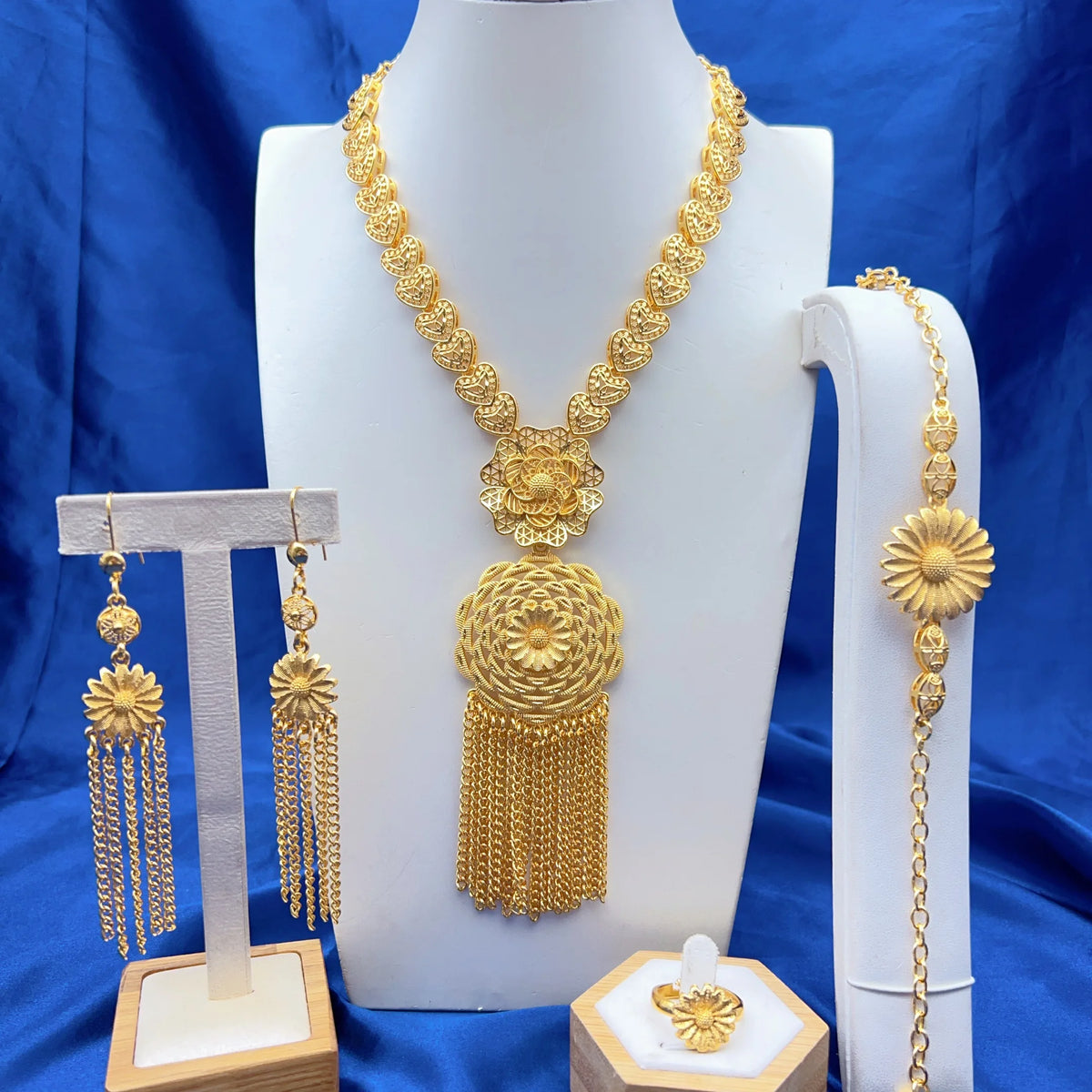 Dubai 24K Gold Color Bridal Jewelry Set For Women Nigerian Ethiopian Heart Necklace Bracelet Earring Ring Sets Party Gift