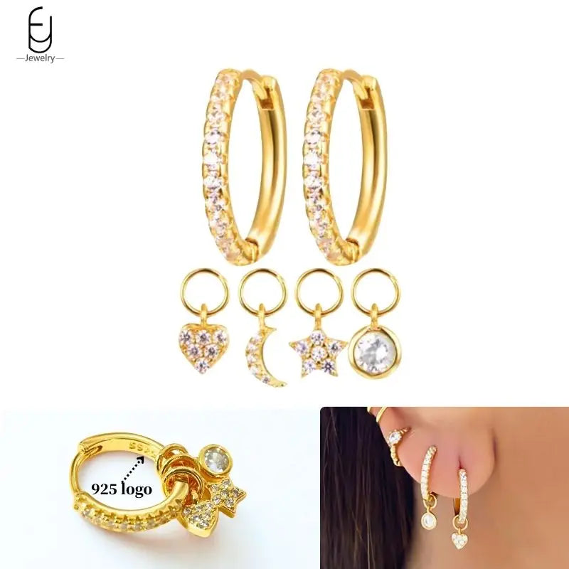925 Sterling Silver Ear Needle White Crystal Gold Earrings for Women Luxury Water Drop/Heart/Flower Pendant Earring Fine Jewelry