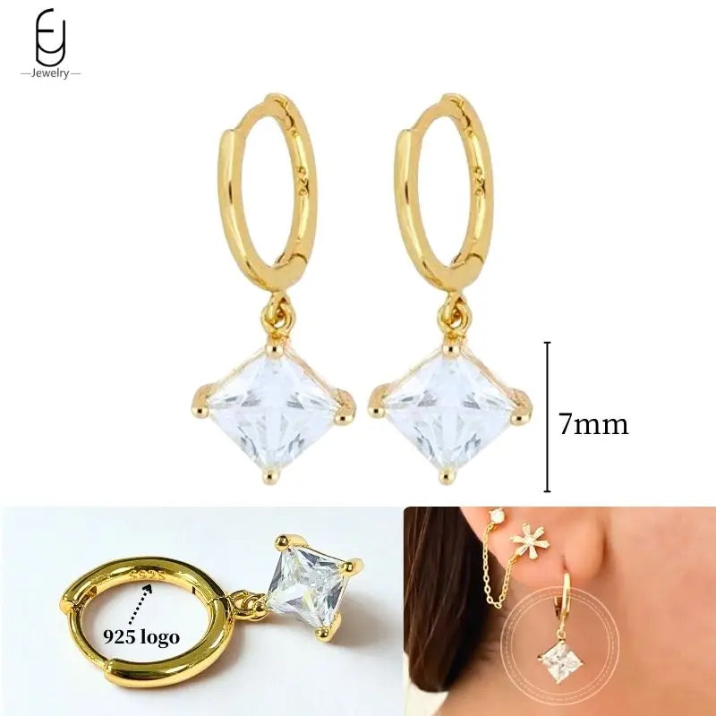 925 Sterling Silver Ear Needle White Crystal Gold Earrings for Women Luxury Water Drop/Heart/Flower Pendant Earring Fine Jewelry