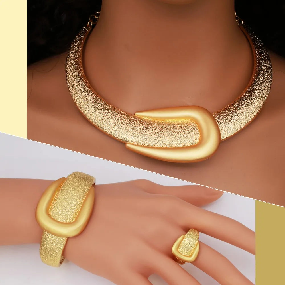 2025 New Exaggerate Jewelry Set Dubai Gold Color Large Necklace Bangle Africal Big Earring Ring Wide Bracelet Bridal Jewellery