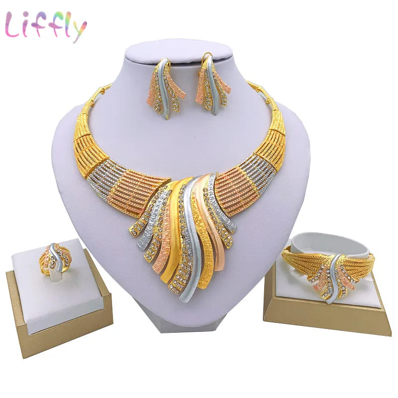 African Dubai 24k Gold Plated Choker Necklace Jewelry Set  for Women Bridal Wedding Crystal Bracelet Earrings Jewellery
