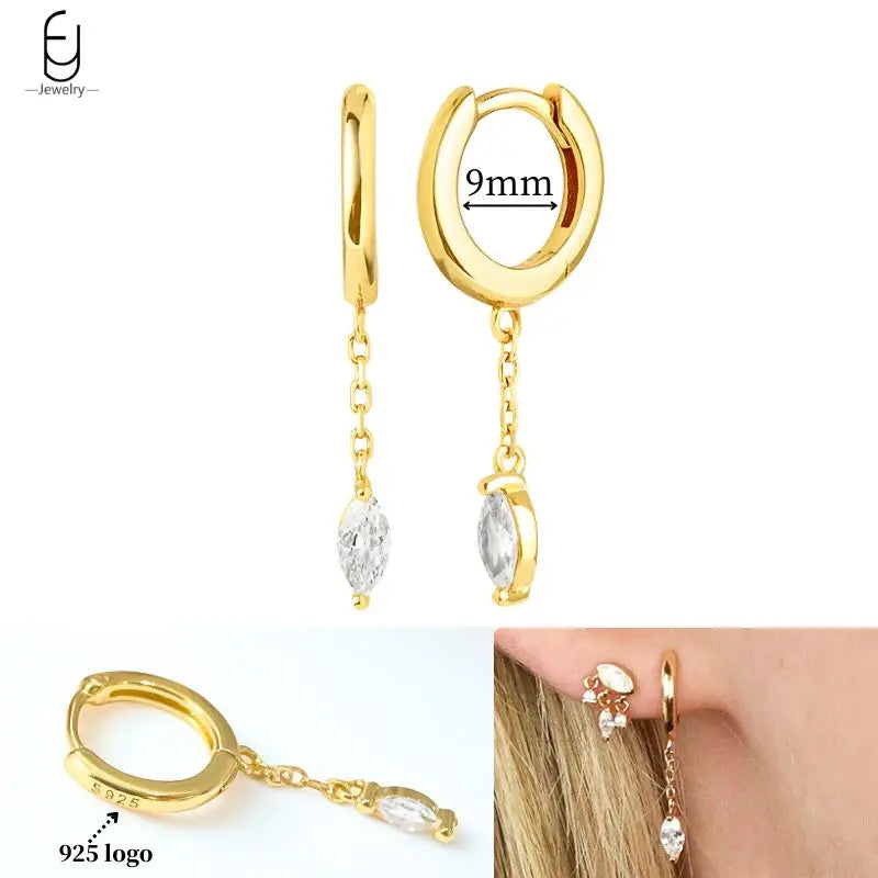 925 Sterling Silver Ear Needle White Crystal Gold Earrings for Women Luxury Water Drop/Heart/Flower Pendant Earring Fine Jewelry