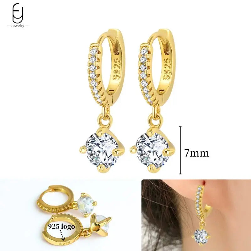 925 Sterling Silver Ear Needle White Crystal Gold Earrings for Women Luxury Water Drop/Heart/Flower Pendant Earring Fine Jewelry