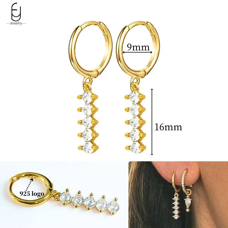 925 Sterling Silver Ear Needle White Crystal Gold Earrings for Women Luxury Water Drop/Heart/Flower Pendant Earring Fine Jewelry