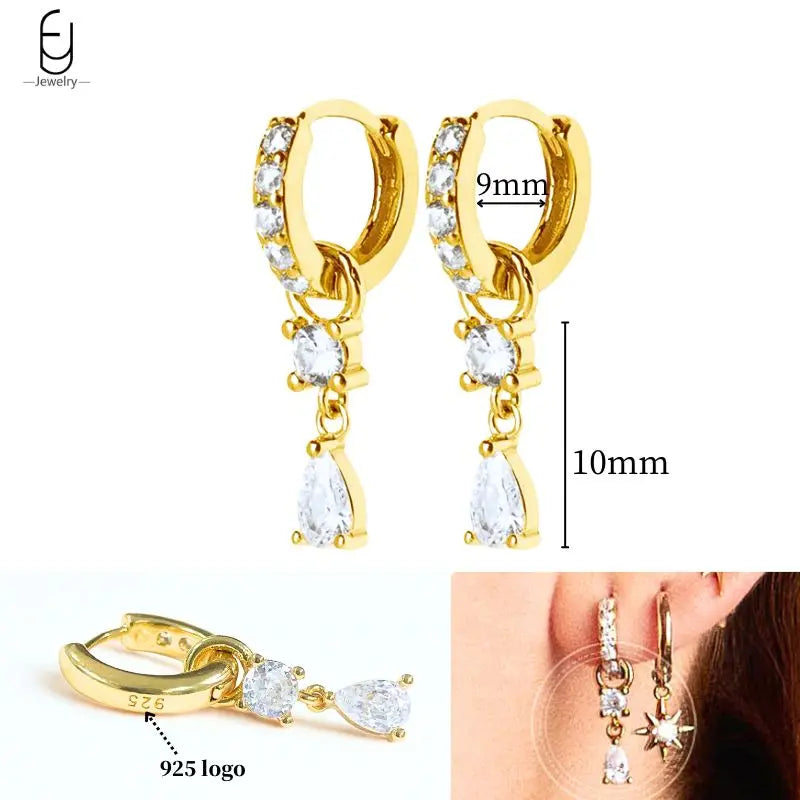 925 Sterling Silver Ear Needle White Crystal Gold Earrings for Women Luxury Water Drop/Heart/Flower Pendant Earring Fine Jewelry