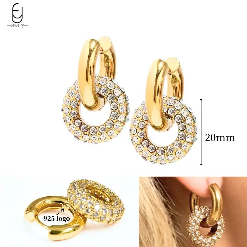 925 Sterling Silver Ear Needle White Crystal Gold Earrings for Women Luxury Water Drop/Heart/Flower Pendant Earring Fine Jewelry