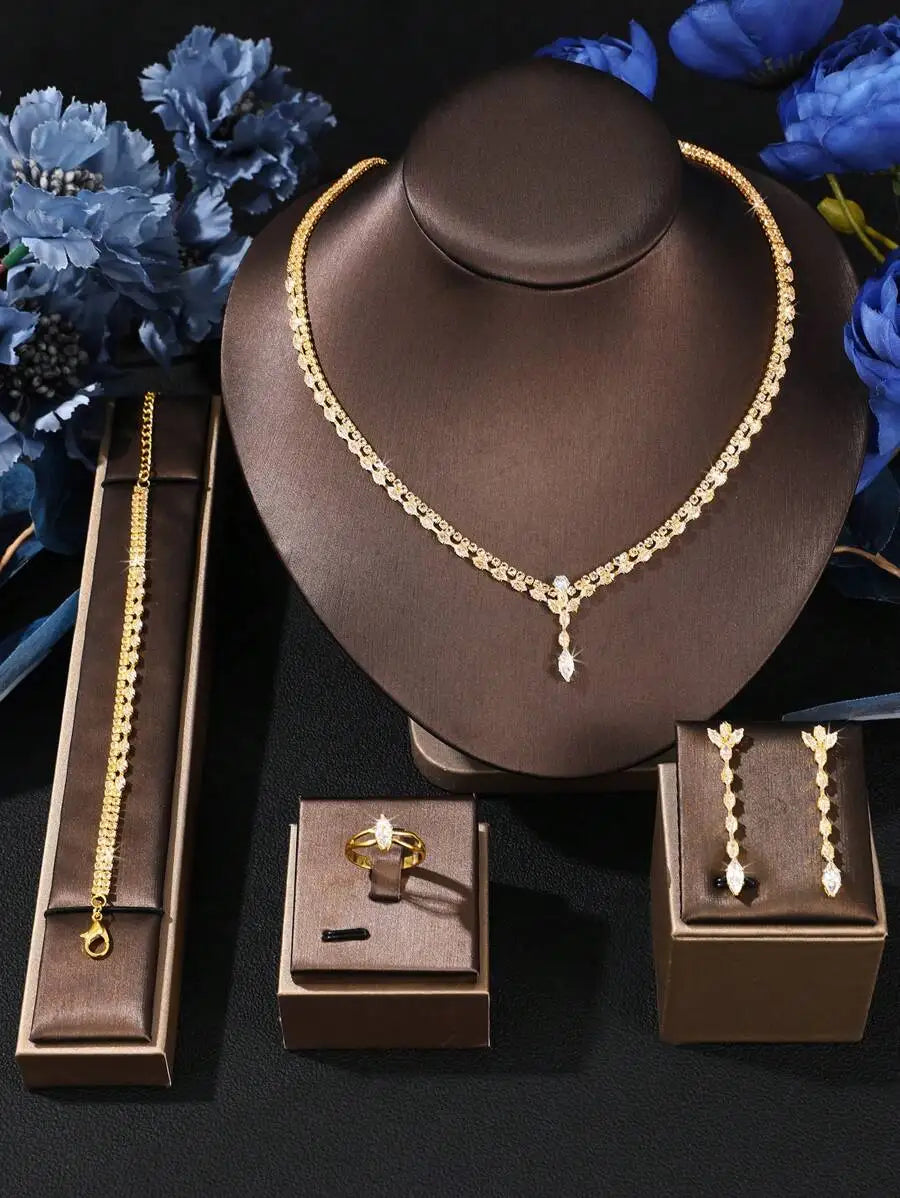 5pcs Set Luxury Elegant Zirconia Stone Bridal Full-Crystal Jewelry Set, Fashionable Party Jewelry Set For Women