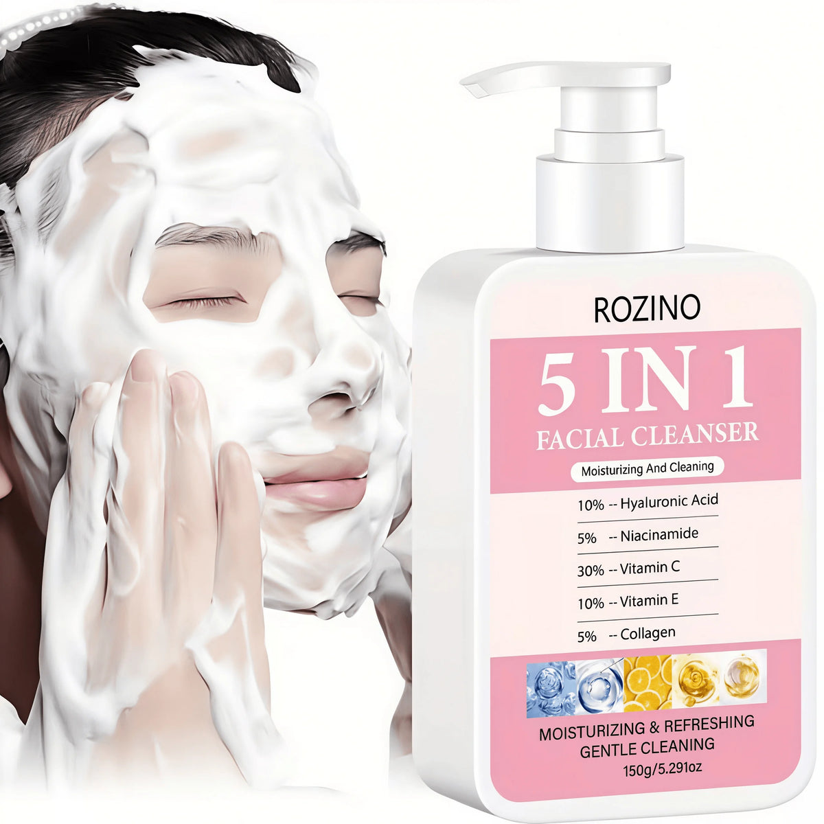 150g Large Capacity 5 in 1 Facial Cleanser, Which Combines Hyaluronic Acid, Niacinamide, Vitamin C, Vitamin E, and Collagen. Its Rich Foam Can Deeply Cleanse Oil and Dirt, Gently Cleanse, Moisturize, Brighten the Skin, Make I