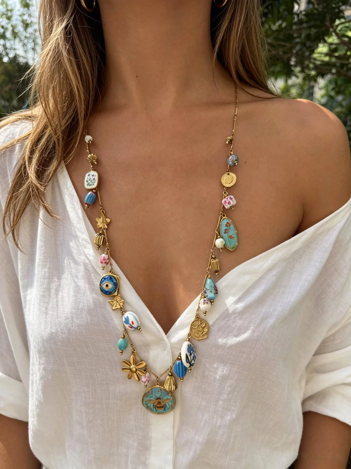 Peri'sbox Stainless Steel Ceramic Blue Bee Multiple Pendant Women Necklace Long Style Party Exquisite Luxury Jewelry Accessories