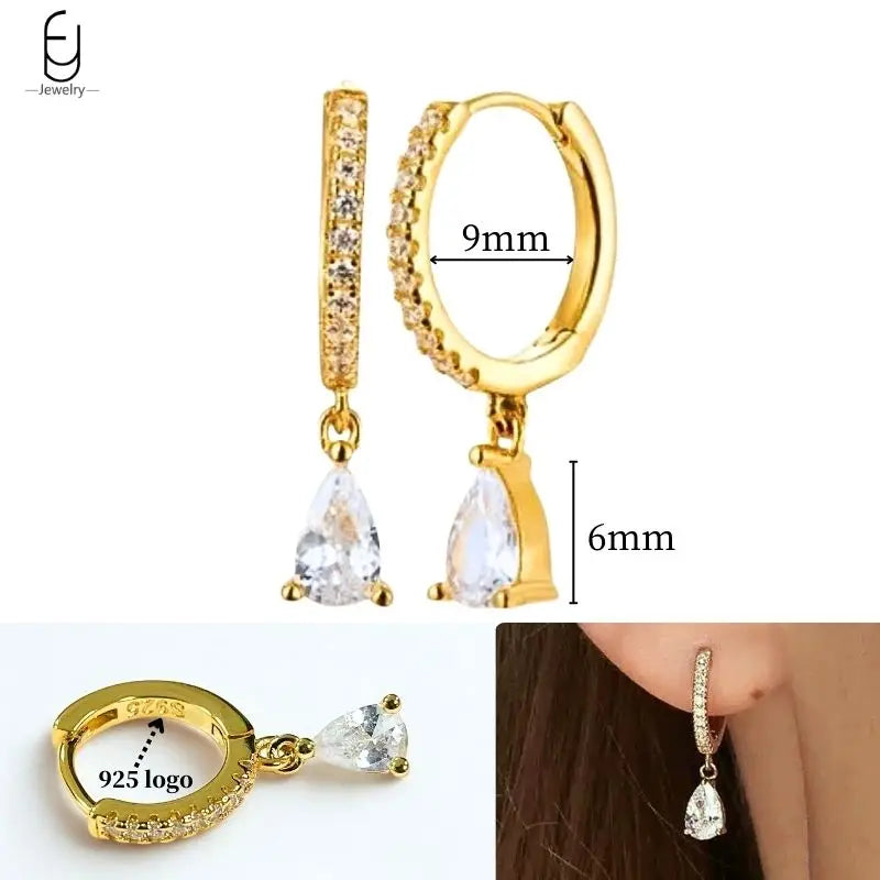 925 Sterling Silver Ear Needle White Crystal Gold Earrings for Women Luxury Water Drop/Heart/Flower Pendant Earring Fine Jewelry