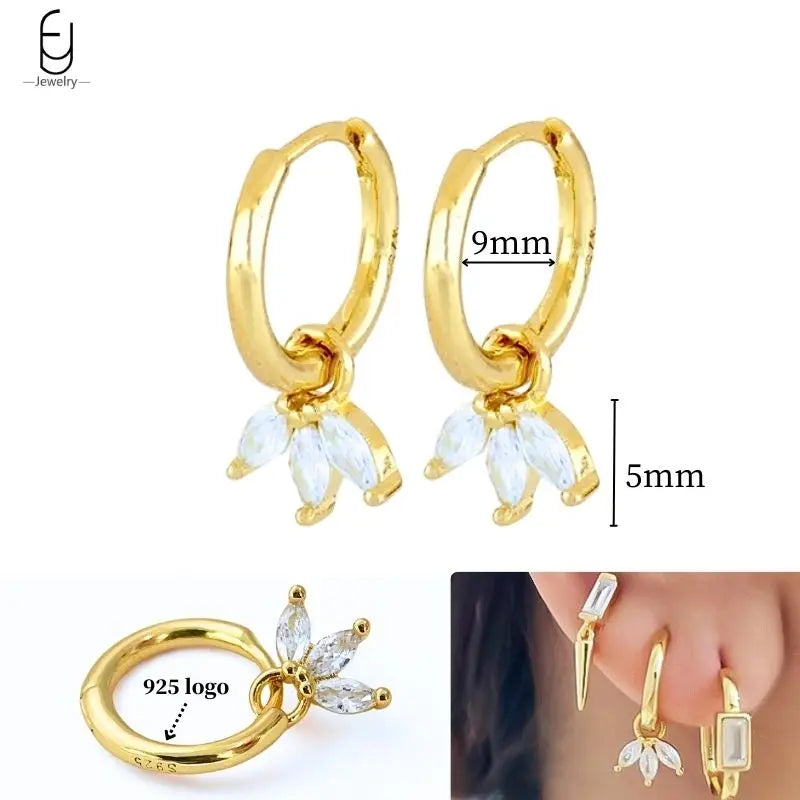 925 Sterling Silver Ear Needle White Crystal Gold Earrings for Women Luxury Water Drop/Heart/Flower Pendant Earring Fine Jewelry