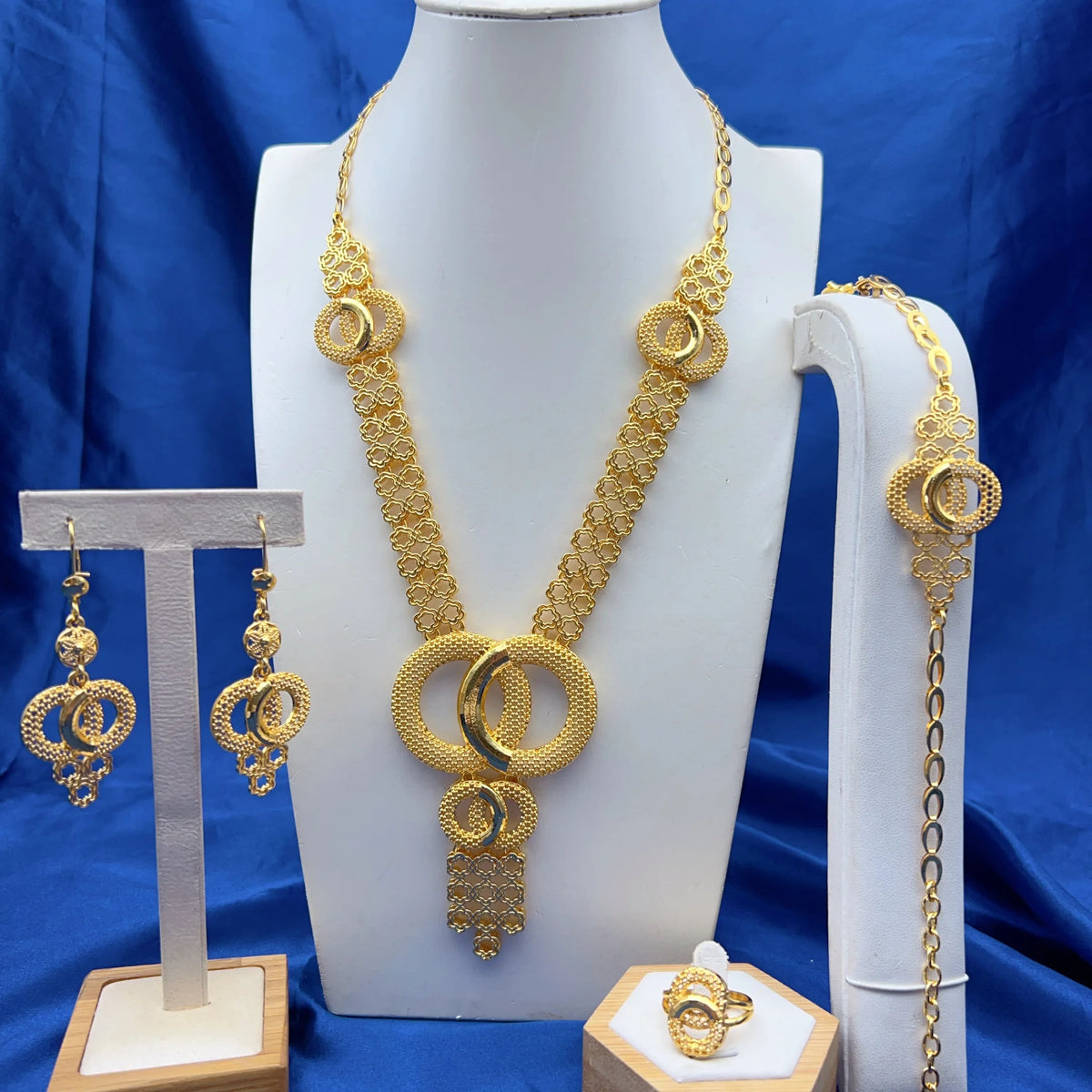 Dubai 24K Gold Color Bridal Jewelry Set For Women Nigerian Ethiopian Heart Necklace Bracelet Earring Ring Sets Party Gift