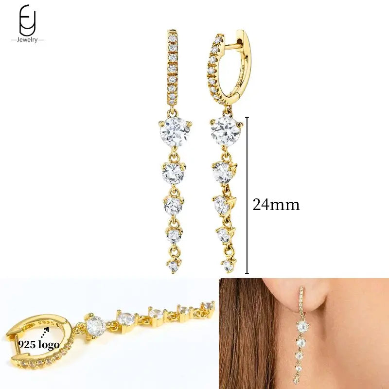 925 Sterling Silver Ear Needle White Crystal Gold Earrings for Women Luxury Water Drop/Heart/Flower Pendant Earring Fine Jewelry