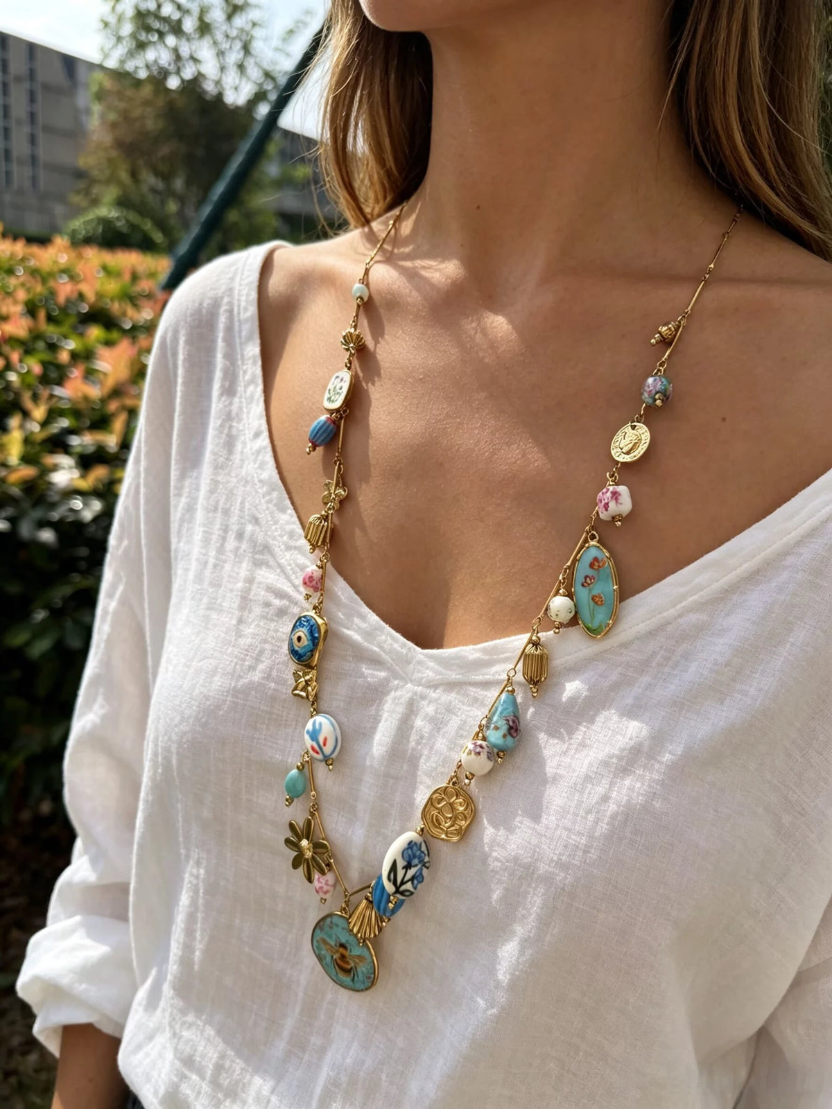 Peri'sbox Stainless Steel Ceramic Blue Bee Multiple Pendant Women Necklace Long Style Party Exquisite Luxury Jewelry Accessories