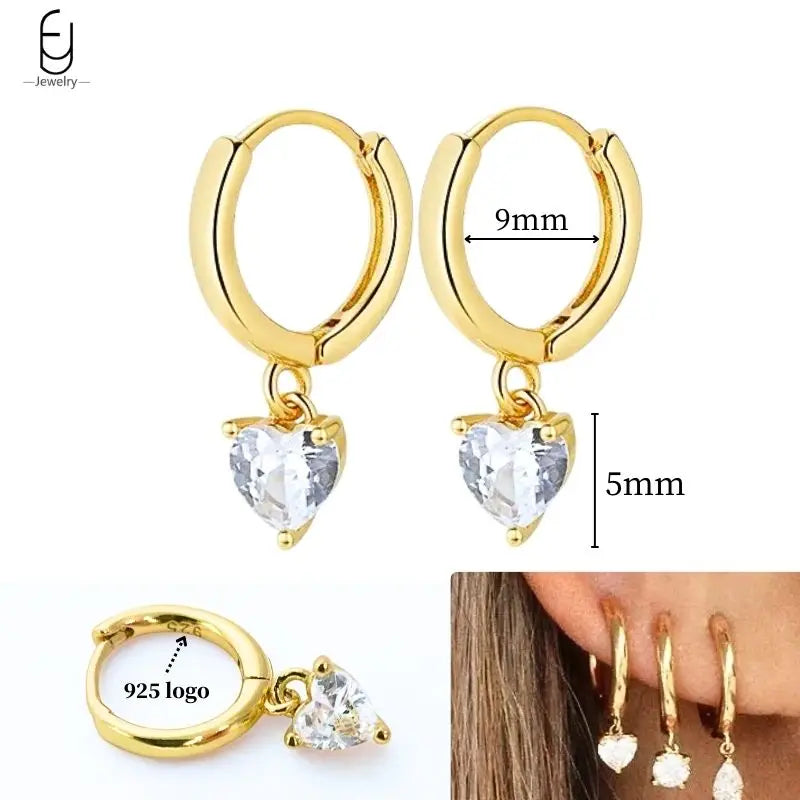 925 Sterling Silver Ear Needle White Crystal Gold Earrings for Women Luxury Water Drop/Heart/Flower Pendant Earring Fine Jewelry