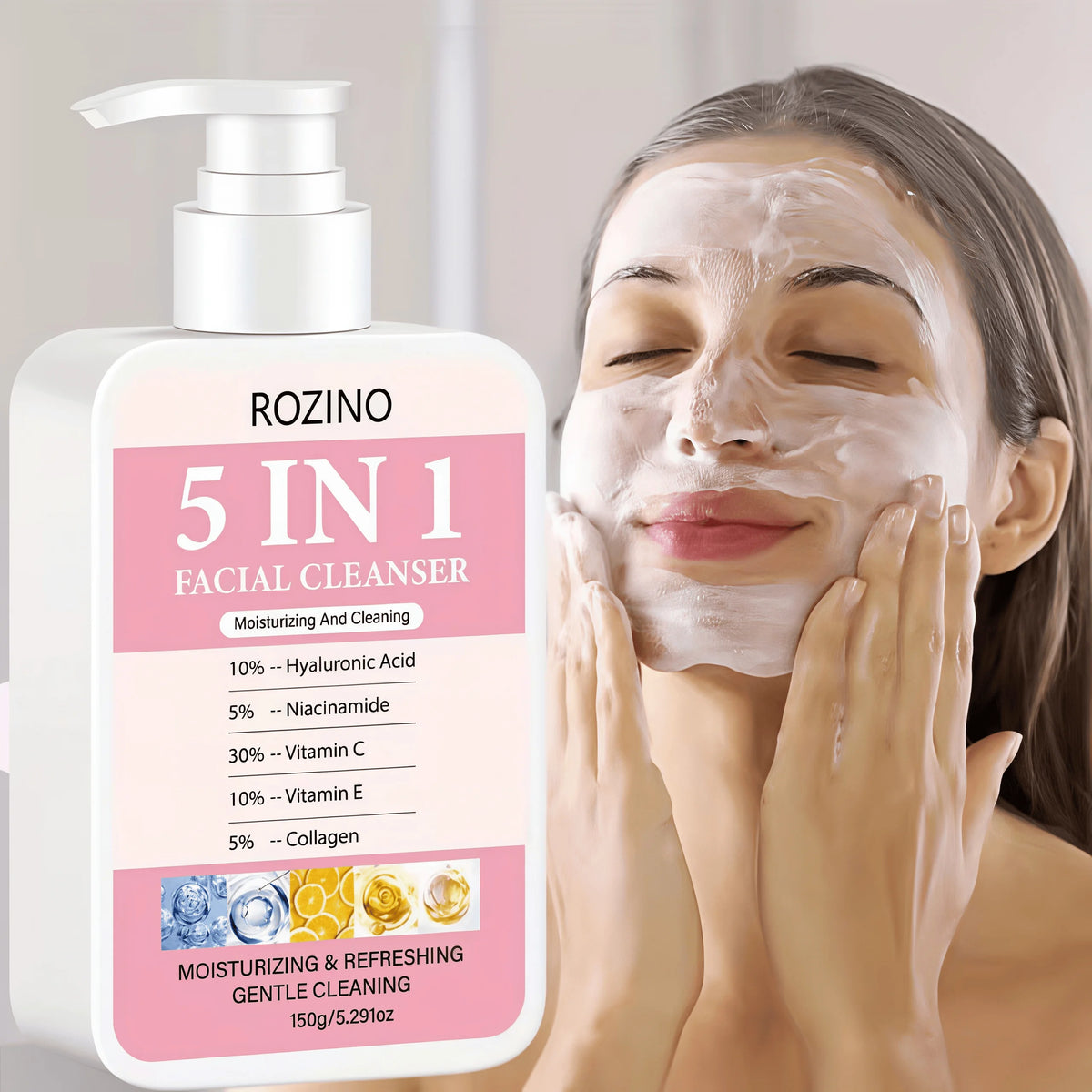150g Large Capacity 5 in 1 Facial Cleanser, Which Combines Hyaluronic Acid, Niacinamide, Vitamin C, Vitamin E, and Collagen. Its Rich Foam Can Deeply Cleanse Oil and Dirt, Gently Cleanse, Moisturize, Brighten the Skin, Make I