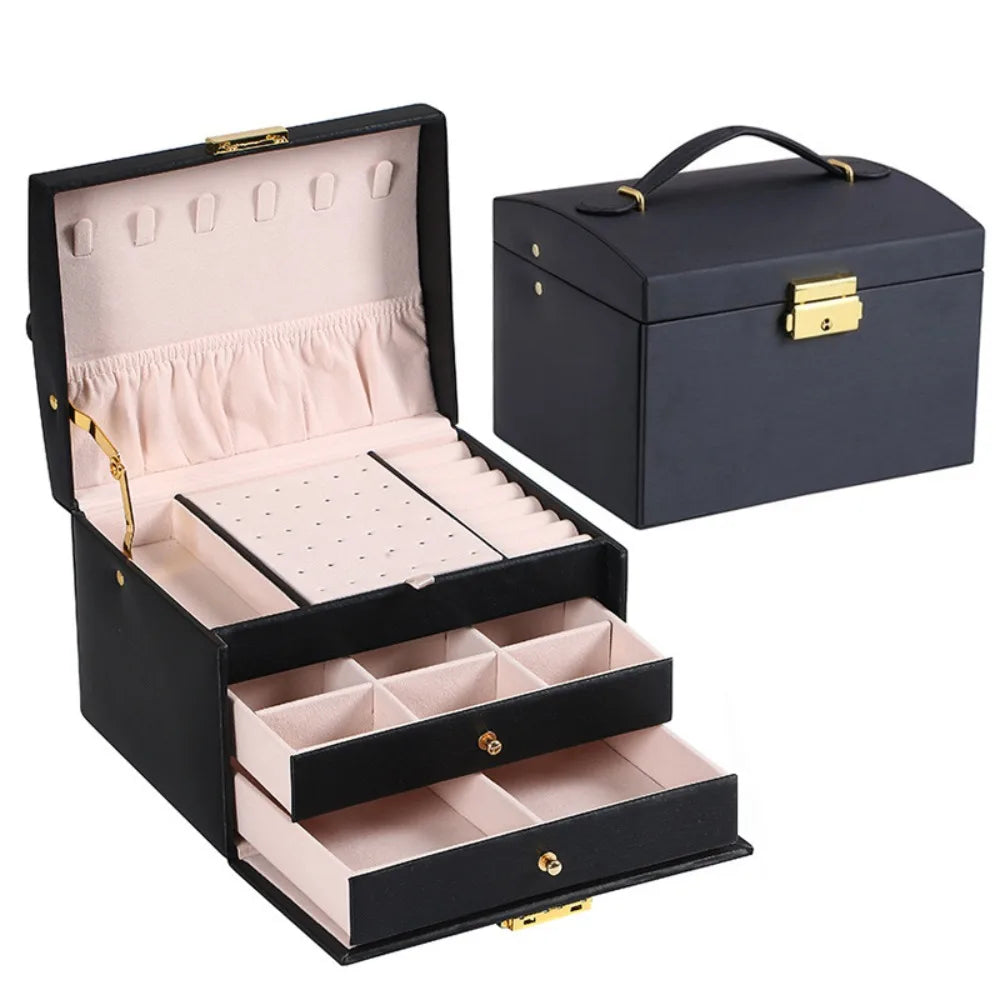 Three layer Woman Jewelry Box Large Capacity Drawer style Jewelry Organizer with Lock Leather Earrings Bracelets Display Stand