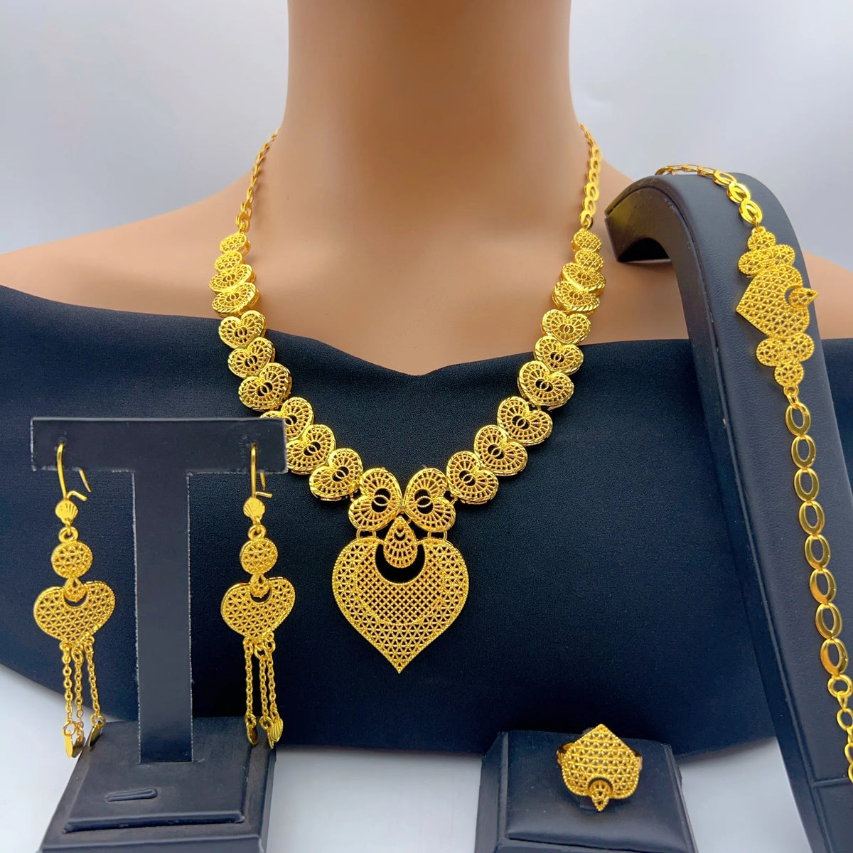 Dubai 24K Gold Color Bridal Jewelry Set For Women Nigerian Ethiopian Heart Necklace Bracelet Earring Ring Sets Party Gift