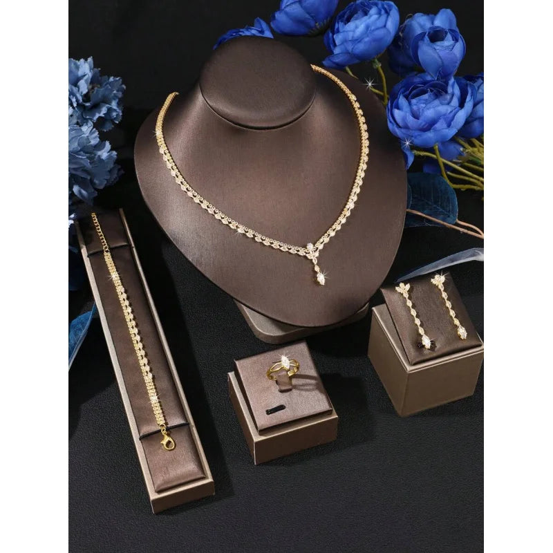 5pcs Set Luxury Elegant Zirconia Stone Bridal Full-Crystal Jewelry Set, Fashionable Party Jewelry Set For Women