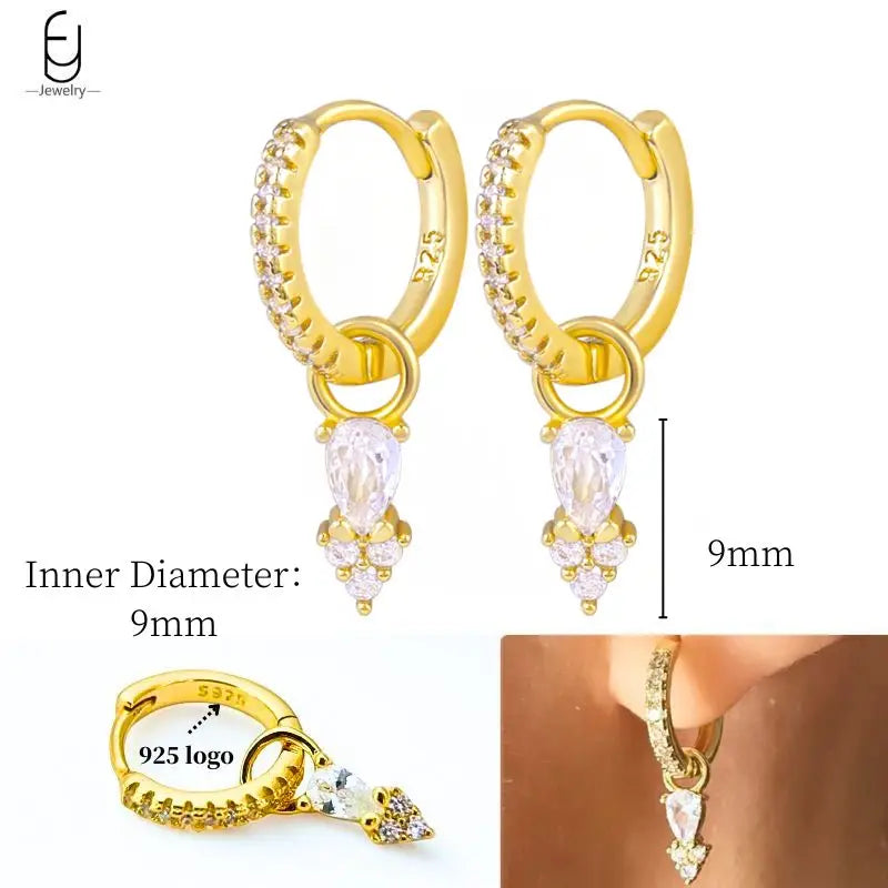 925 Sterling Silver Ear Needle White Crystal Gold Earrings for Women Luxury Water Drop/Heart/Flower Pendant Earring Fine Jewelry