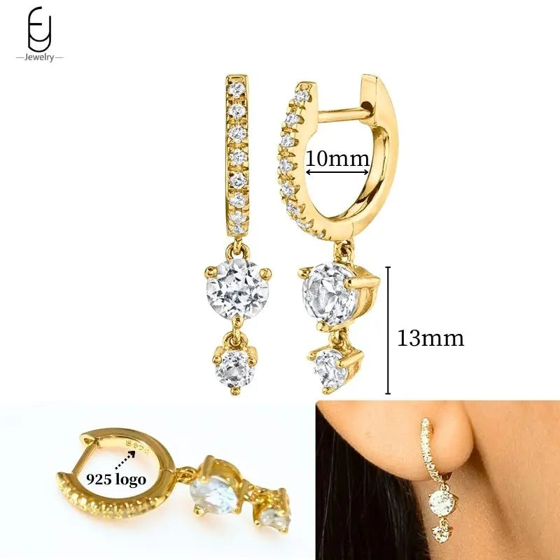 925 Sterling Silver Ear Needle White Crystal Gold Earrings for Women Luxury Water Drop/Heart/Flower Pendant Earring Fine Jewelry