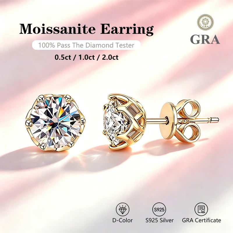 Classic 100% Moissanite Stud Earrings with Lace Six-Prong High-End Texture Elegant and Stylish Earrings