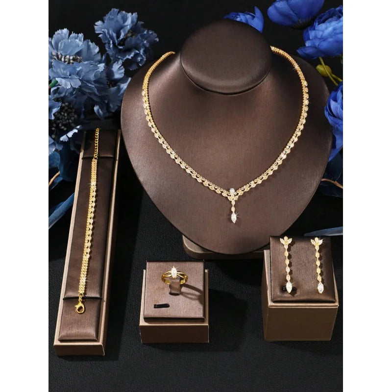 5pcs Set Luxury Elegant Zirconia Stone Bridal Full-Crystal Jewelry Set, Fashionable Party Jewelry Set For Women