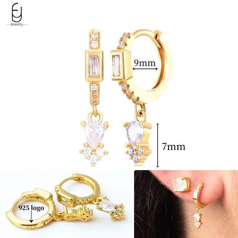925 Sterling Silver Ear Needle White Crystal Gold Earrings for Women Luxury Water Drop/Heart/Flower Pendant Earring Fine Jewelry