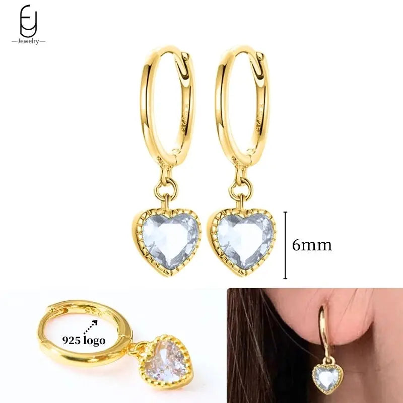925 Sterling Silver Ear Needle White Crystal Gold Earrings for Women Luxury Water Drop/Heart/Flower Pendant Earring Fine Jewelry