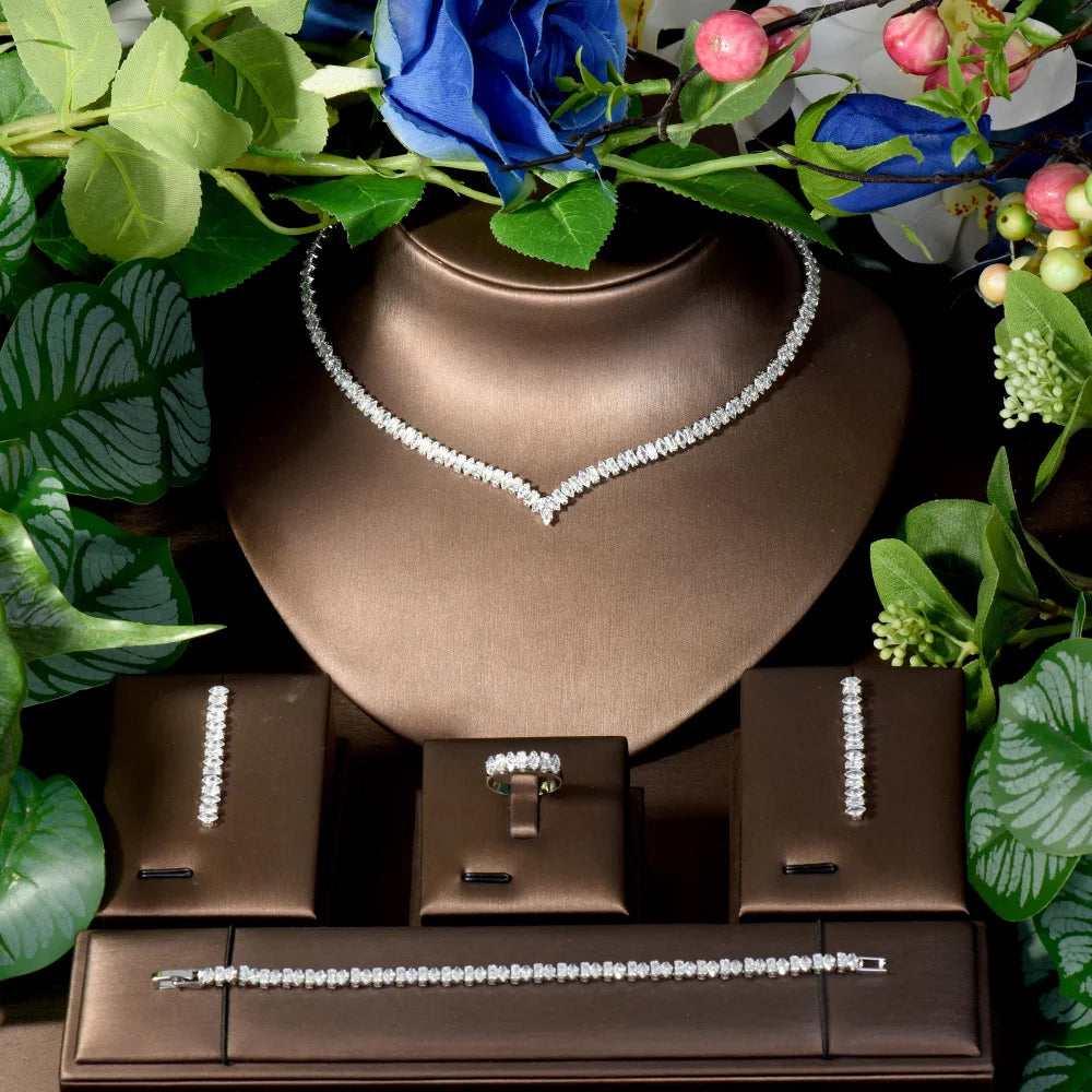 HIBRIDE Hot Fashion French Niche 4pcs Set Ambience Hundred CZ Zirconia Dubai Necklace Earrings Bridal Wedding Gift Party S-144