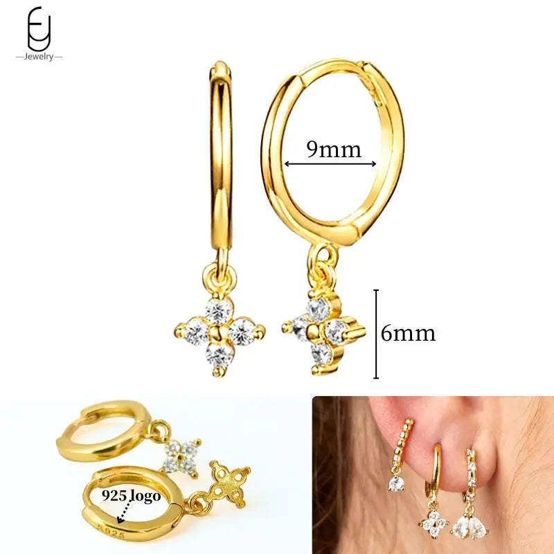 925 Sterling Silver Ear Needle White Crystal Gold Earrings for Women Luxury Water Drop/Heart/Flower Pendant Earring Fine Jewelry