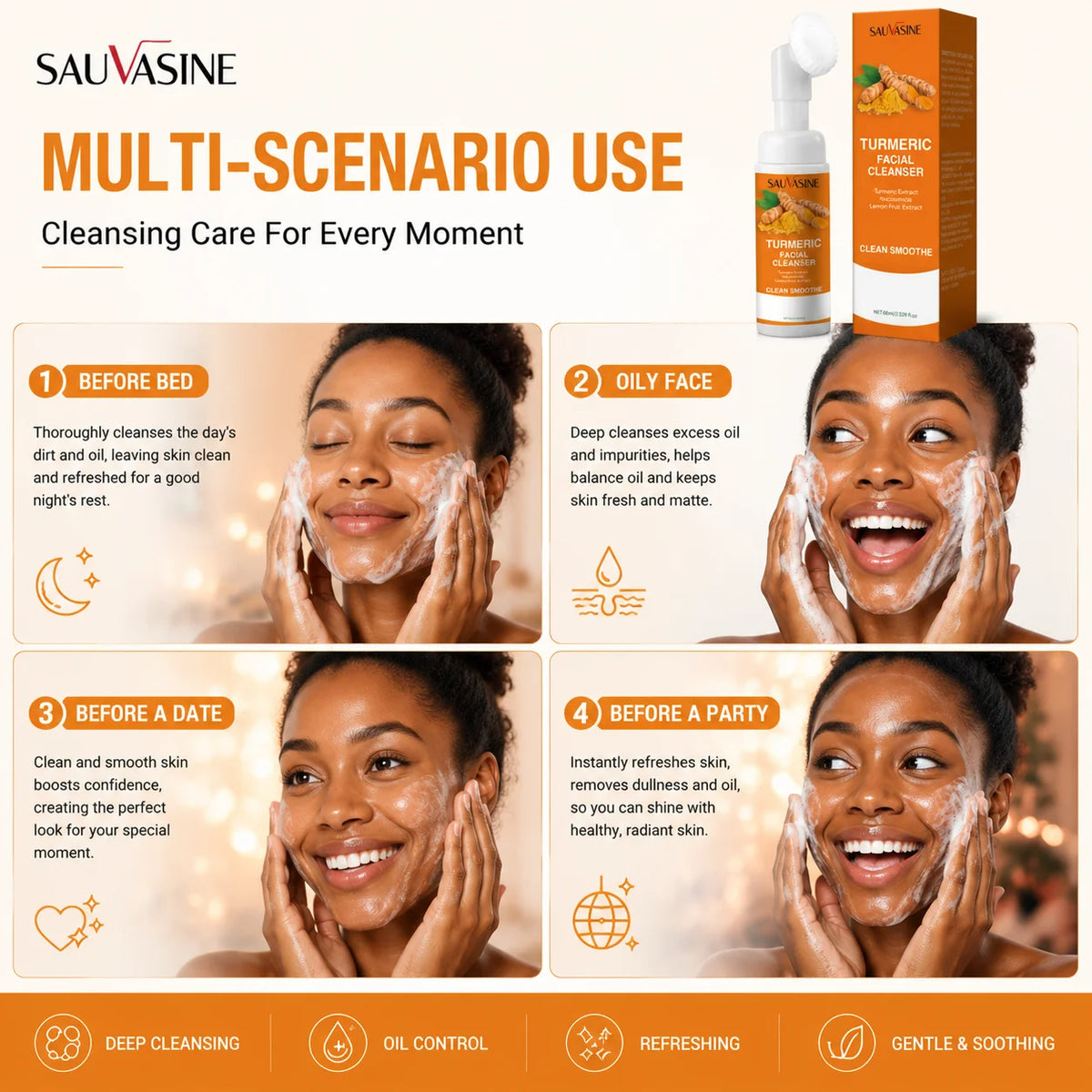 1/3/5pcs Turmeric Foaming Facial Cleanser, Face Wash with Turmeric Extract Niacinamide & Lemon Fruit Extract, Gently Removes Dir