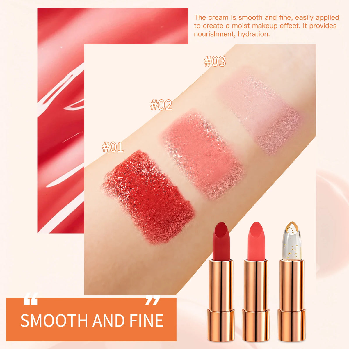 Luxury Matte Light Tri Color Lipstick Set – 3 Shades in Glitter Rose Gold Case with Chain & Mirror, Gift Box Packaging