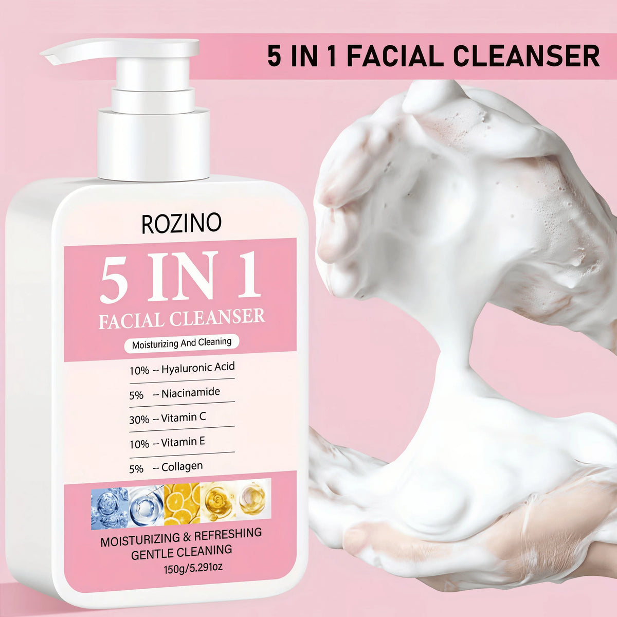 150g Large Capacity 5 in 1 Facial Cleanser, Which Combines Hyaluronic Acid, Niacinamide, Vitamin C, Vitamin E, and Collagen. Its Rich Foam Can Deeply Cleanse Oil and Dirt, Gently Cleanse, Moisturize, Brighten the Skin, Make I