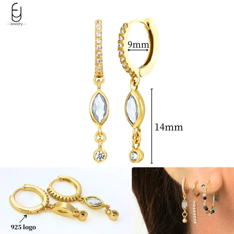 925 Sterling Silver Ear Needle White Crystal Gold Earrings for Women Luxury Water Drop/Heart/Flower Pendant Earring Fine Jewelry