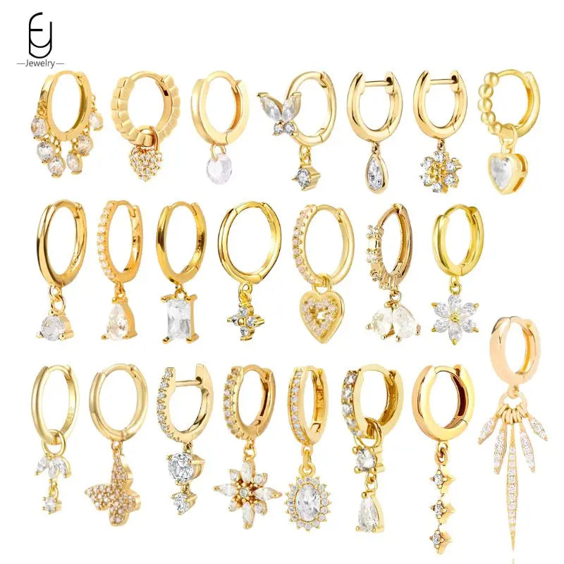 925 Sterling Silver Ear Needle White Crystal Gold Earrings for Women Luxury Water Drop/Heart/Flower Pendant Earring Fine Jewelry