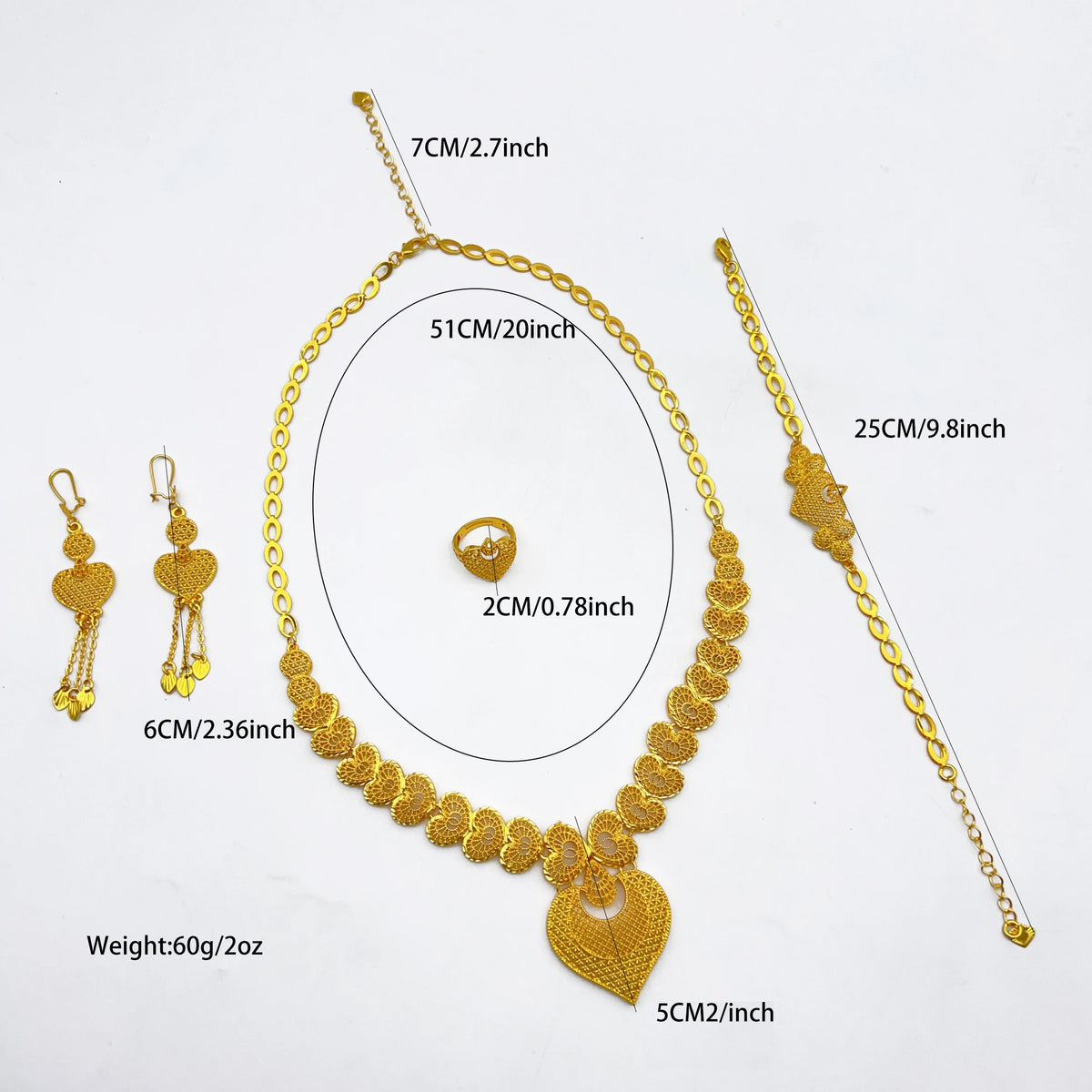 Dubai 24K Gold Color Bridal Jewelry Set For Women Nigerian Ethiopian Heart Necklace Bracelet Earring Ring Sets Party Gift