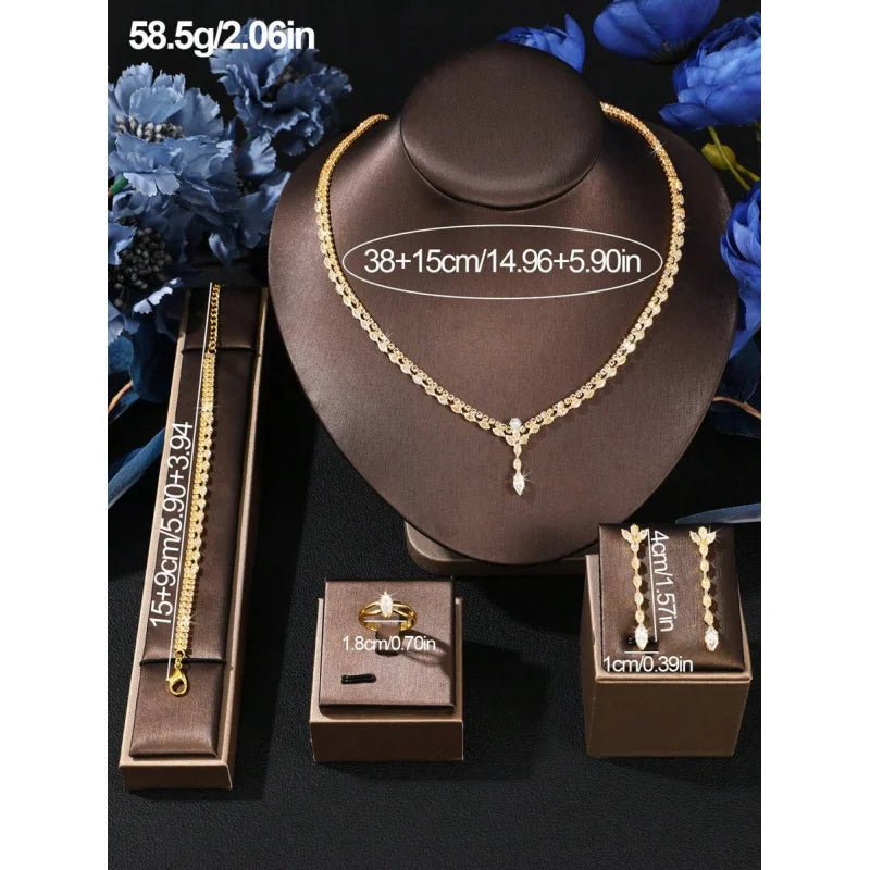5pcs Set Luxury Elegant Zirconia Stone Bridal Full-Crystal Jewelry Set, Fashionable Party Jewelry Set For Women