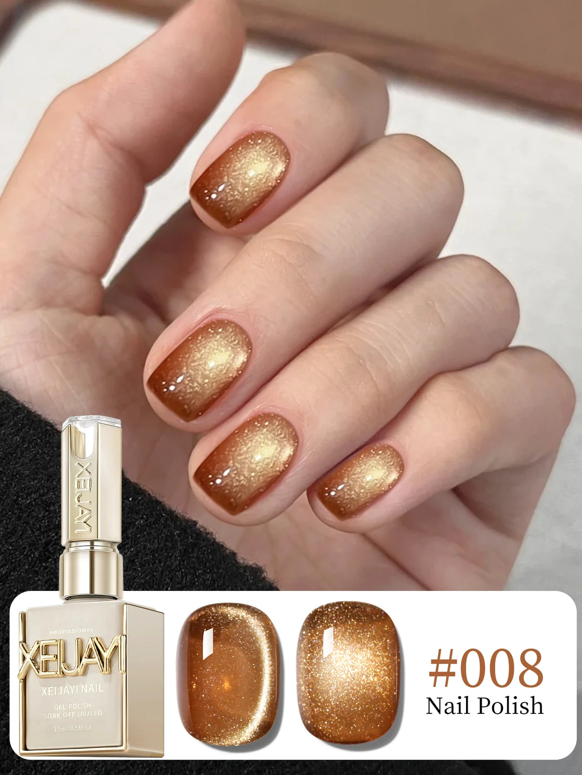 XEIJAYI 15ml Golden Gradient Cat Eye Gel Nail Polish – Golden Glass Bead Magnetic Nail Art