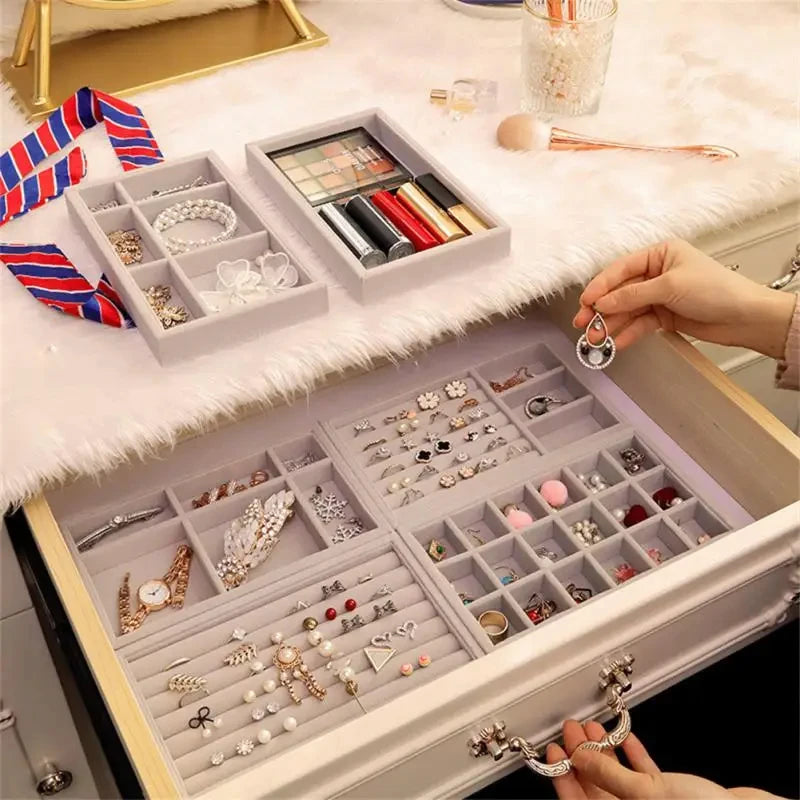 Velvet Jewelry Box Display Tray Drawer Storage Jewellery Holder For Ring Earrings Necklace Bracelet Soft Velvet Organizer Case